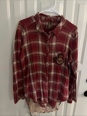 Women’s Red Plaid Button-Up Shirt with Patch Detail